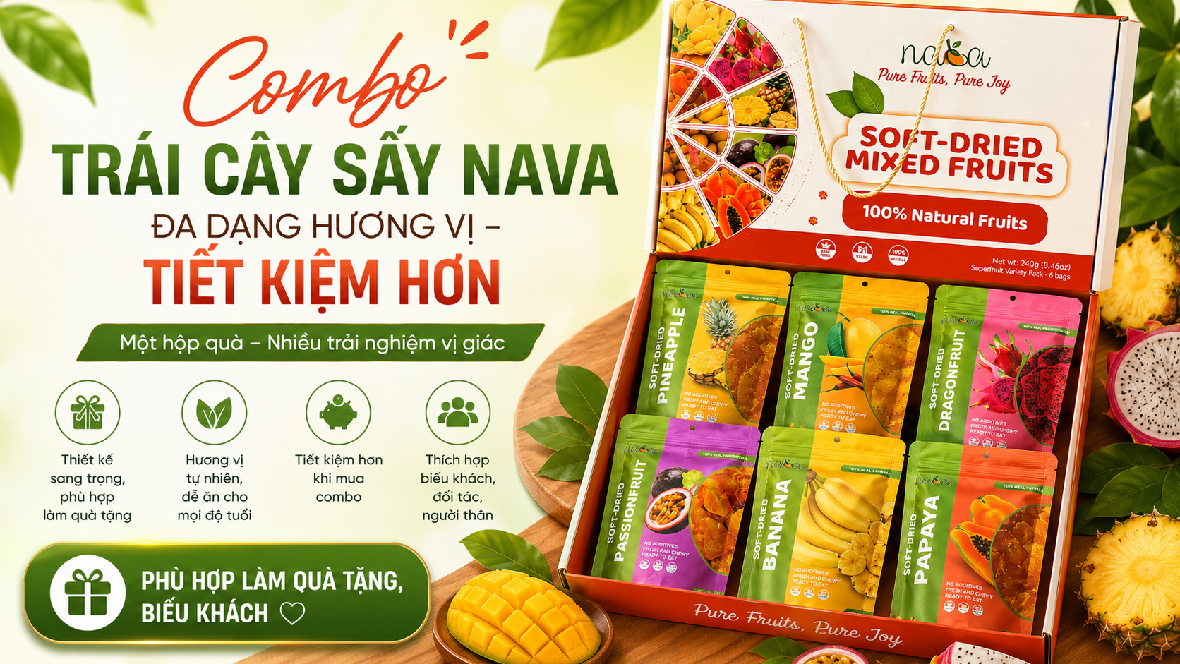 🎁 COMBO TRÁI CÂY SẤY NAVA – ĐA DẠNG HƯƠNG VỊ, PHÙ HỢP LÀM QUÀ TẶNG